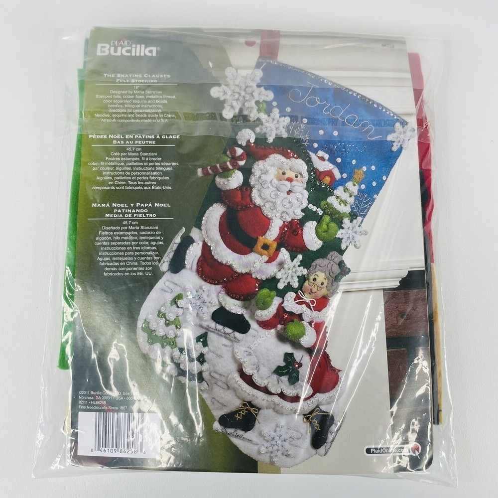 Bucilla SKATING CLAUSES Santa Felt Christmas Stocking Kit # 86258 OPEN, COMPLETE